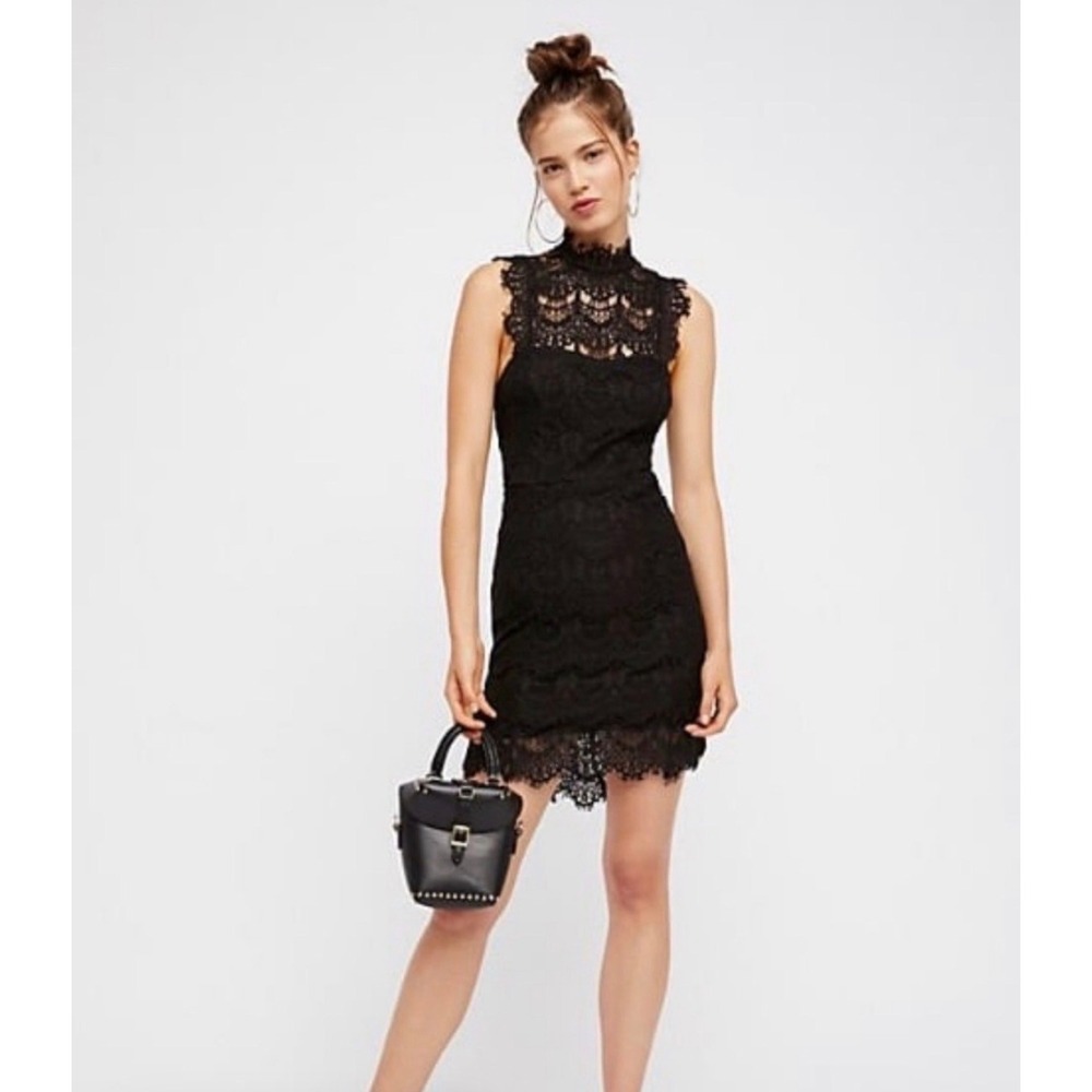 Free People Daydream Lace Dress Womens Small‎ Black Mini Open Back Mock Neck